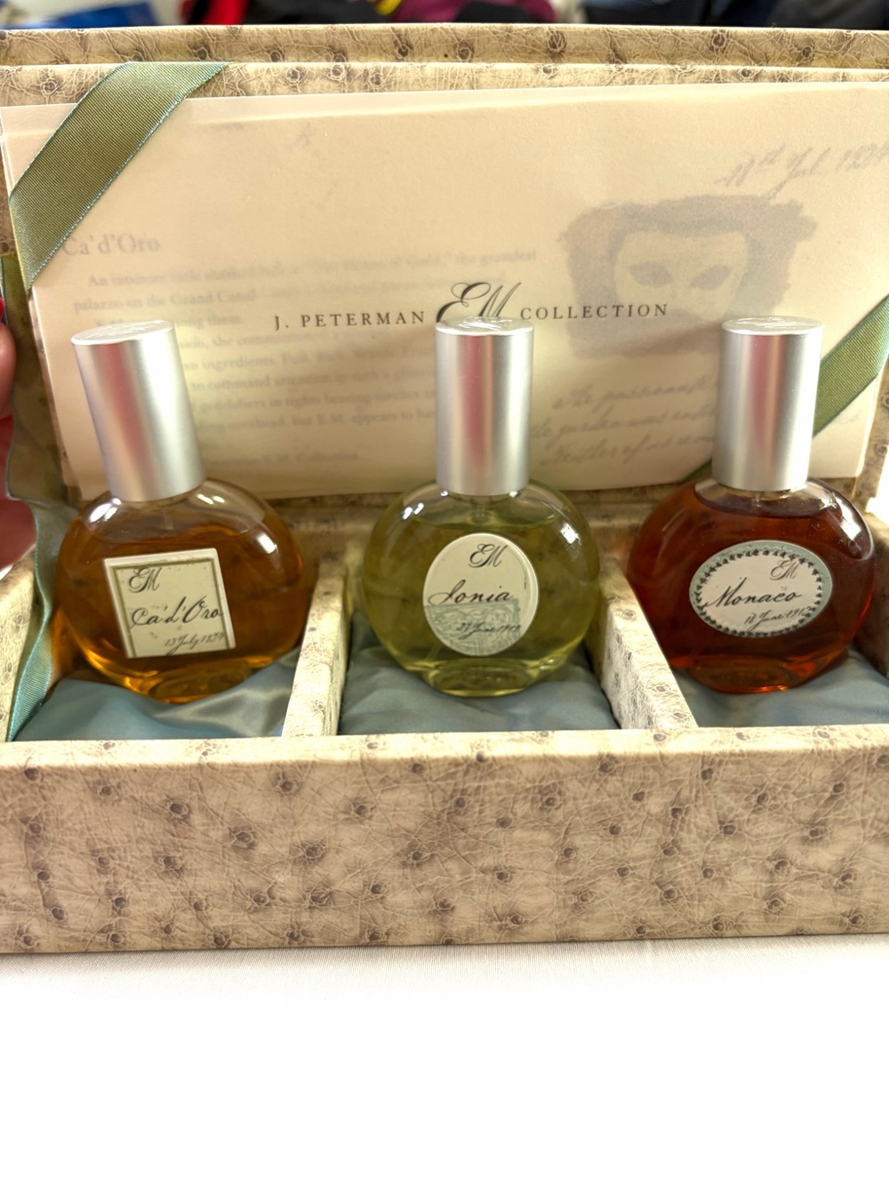 J. Peterman discontinued rare 3 pc set fragrance Ca’ d’ Oro Monaco Sonia bottles
